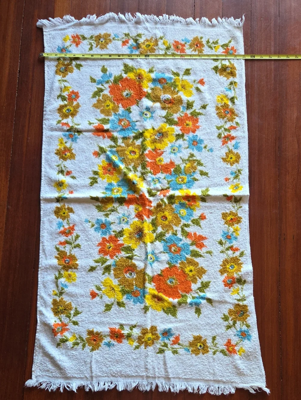 Vintage Floral Cotton Bath Towel in White with Orange, Yellow & Blue Flowers